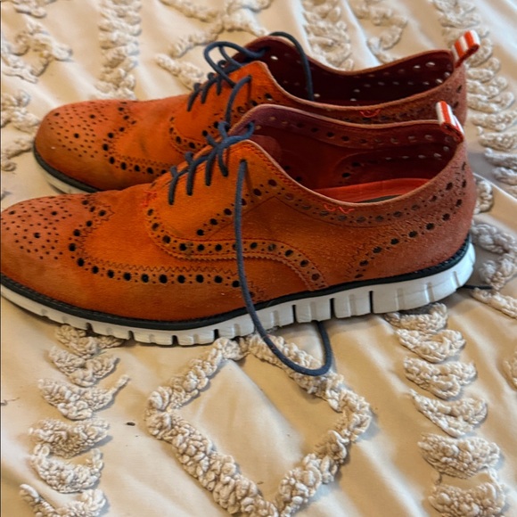 Cole Haan Orange Suede Wingtip Oxfords with Navy Laces EUC - Picture 2 of 7